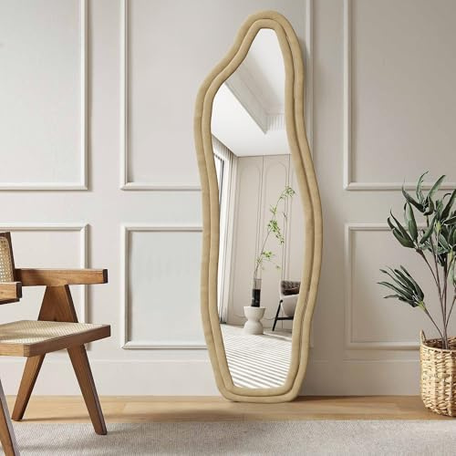 DIYHOM Specchio da pavimento imbottito ondulato, 160 x 50 cm, grande specchio da parete con cornice in velluto, per camera da letto, soggiorno (oro)