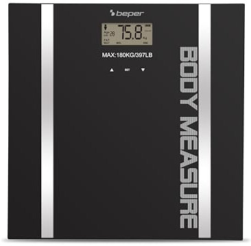 BEPER 40.808A Bilancia Pesapersone Impedenziometrica, Pesa Massa Corporea e percentuale liquidi, 10 Memorie, Display LCD, Superficie in vetro temperato, Nera, 4 x 33 x 33 cm