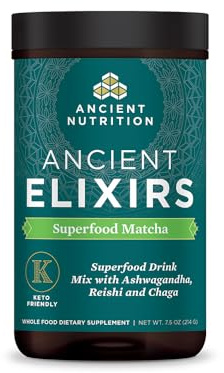 Matcha Green Tea Powder with Ashwagandha by Ancient Nutrition, Ancient Elixirs Superfood Matcha Energy Powder, with MCTs, Promotes Healthy Energy Levels, Paleo and Keto Friendly, 20 Servings