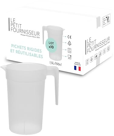 LPF LE PETIT FOURNISSEUR - Lot de 10 Pichets réutilisables 1,5 Litre - Polypropylène plastique alimentaire rigide - Carafe à eau, thé glacé, boissons - Compatible lave-vaisselle - Transparent Givré
