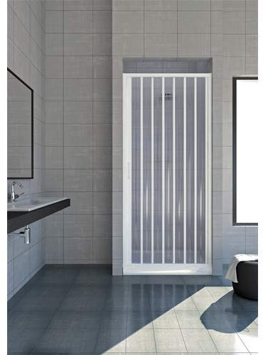 Cabina de ducha de 90 cm, modelo Giada, extensible de PVC, puerta única con paneles semitransparentes, apertura lateral con fuelle, color blanco.