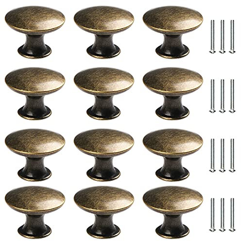 HonGien Round Cabinet Knobs, 12 Vintage Antique Bronze Furniture Knobs, Diameter 30mm for Door Drawer, Dresser (Bronze)