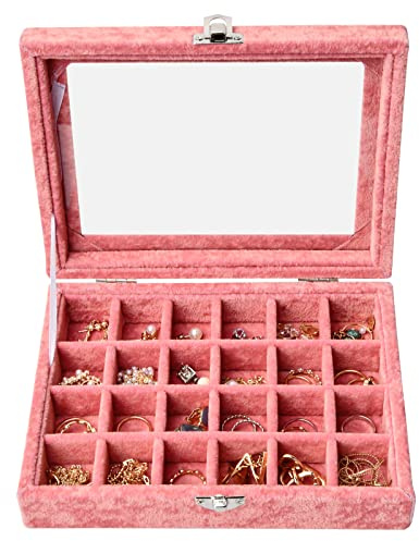 24 Grids Velvet Jewellery Display Box, Detachable Jewelry Showcase Box With Compartments, Clear Lid Jewellery Organizer Tray For Ring Brackets Necklace Holder (Pink)