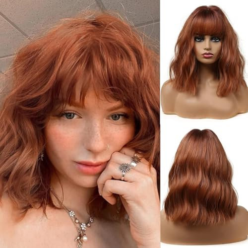Esmee 14 Pouces Court Ndulée Auburn Bob Perruque avec Franges Naturelle Synthétique Heat Resistant Perruques pour les Femmes avec des Racines Sombres pour la fête Quotidienne Cosplay Portez