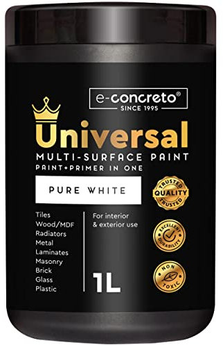 e-concreto All-Surface Paint - Satin White 1L - Primer in One - Tiles, Wood, Metal, Laminates, Brick, Glass, Masonry, Plastic - White Furniture Paint