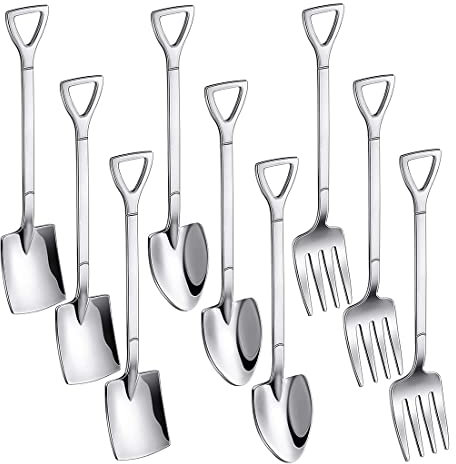 SHANHUHAI 9 Stück kleine Schaufel, Löffel, Gabel, inklusive 3 Stück Spitzlöffel, 3 Stück Schaufelform Löffel und 3 Stück Edelstahl-Gabellöffel, Eiscreme