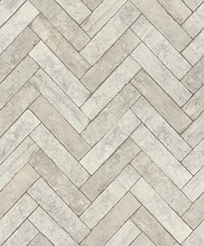 Rasch Tapete 499124 - Vliestapete in Hellgrau mit Fischgrät-Muster und Stein Optik aus der Kollektion Factory V