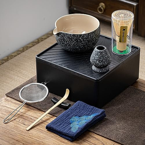 TEANAGOO 8 Pcs Matcha Whis,Ceramic Matcha Set,Matcha Kit for Ceremony,Complete Travel Matcha Tea Set,Matcha Set Whisk and Bowl with 2 Cups(7.2oz)/Traveling Bag,Gifts for Matcha Lover