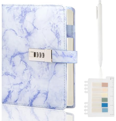 Kutoda Marble Diary with Lock, 192 Pages College Ruled Secret Journal with Lock, Waterproof A5 locked journal for women, Cute Diary Stuff for Teen Girls (Purple)