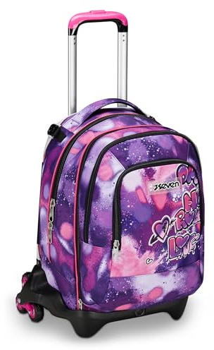 Seven Schulranzen Detach mit Trolley-Funktion, Rucksack mit Rollen, zum Ziehen, für Schule Sport Freizeit, ab 1. Klasse, 3 in 1, mit Trinkflaschenfach, mit kleinem Rucksack, für Kinder, violett