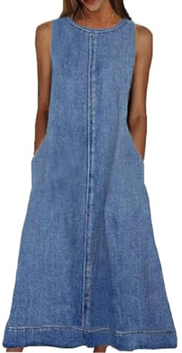 Womens Casual Sleeveless Maxi Denim Dress Crewneck Vintage Loose Long Vest Jean Dress with Pockets