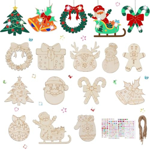 24pcs Wooden Christmas Ornaments with 4 Sheets Rhinestone Stickers,Twine
