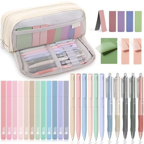 COZCLAM 32pcs Set Cancelleria Aesthetic con Bianco Astuccio, 12 Evidenziatori Pastello, 6 Penne Colori, 5 Penne Nero, 5 Segnalibri Magnetici, 3 Note Adesive, Cancelleria per Forniture per ufficio