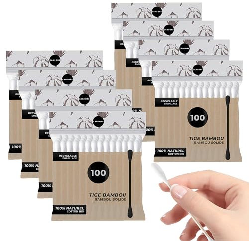 CANDORE - Coton tiges 100% Coton - Ultra Doux - Batonnet fabriqué à partir de bambou Biodégradable, 100% naturel, 8 Sachets de 100 - Favorise un nettoyage doux et confortable