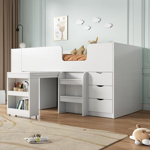 Gegtuon Etagenbett Kinderbett 90x200 mit Tisch & Schrank, Bett Einzelbett mit Stauraum Schubladen & Regal, Hochbett Holzbett Bettgestell mit Leiter, Lattenrost und Rausfallschutz, ohne Matratze, Weiß