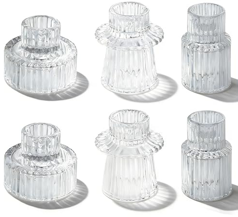 Accmuzzy Lot de 6 bougeoirs en verre 2 en 1 pour bougies chandelles - Petits photophores transparents pour décoration de table de mariage, table à manger, fête, Noël, l'Avent - Décoration vintage