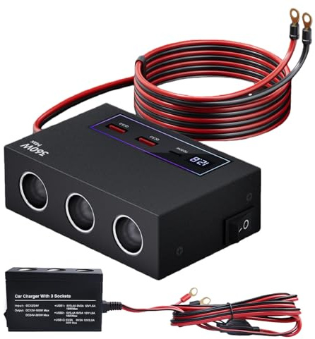 Presa accendisigari da 12 Volt per auto, 3 prese, max. 360 W, doppio QC3.0, USB, 12 V/24 V, con cavo di prolunga da 2 m, 2,5 mm² e interruttore, fusibile da 15 A, presa accendisigari