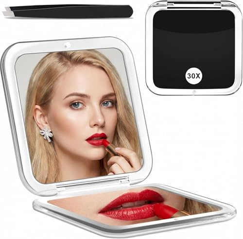 ANBOWEI Espejo Aumento Plegable 30x, Compactos Espejo de Bolsillo o Mano para Viaje Mujer, Mini Doble Cara con Aumento de 30X/1X, Cuadrado 8.3cm - Negro