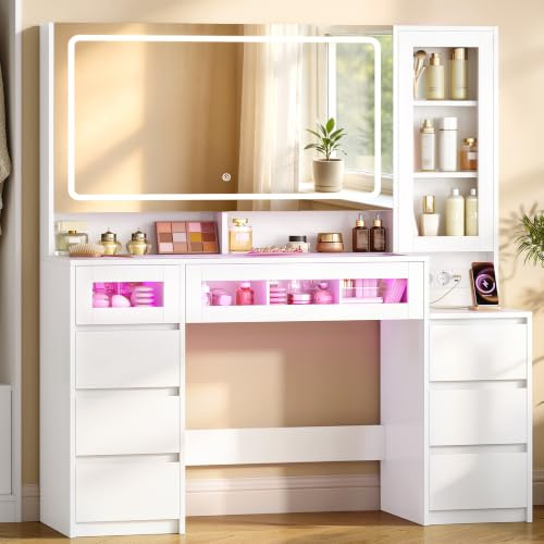 Hzuaneri Sminkbord med RGB-Ljusremsa, 40 x 130 x 140 cm, Vit | Har en Stor HD-Spegel, Glasbordsskiva, LED-Lampor, Grenuttag, 8 Lådor, Sovrum, Omklädningsrum, DT44803XEU