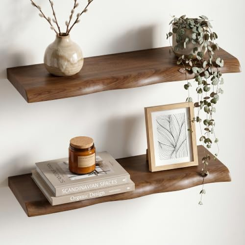 Afuly Vägghylla valnöt MDF, 60 cm svävande hylla med naturkant, set om 2