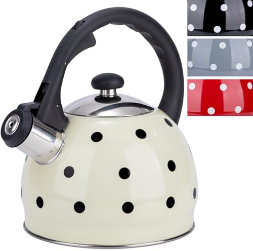 EliteHoff Wasserkessel Induktion Pfeifkessel aus Edelstahl, Kleiner Teekessel für alle Kochplatten, Flötenkessel Moderne, Wasserkocher für Tee Kaffee, ca. 2 L (Beige mit schwarzen Punkten)