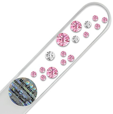 Mont Bleu Crystal Glass Nail File hand decorated with Swarovski crystals, Hand Made in Czech Republic (Europe), Czech Tempered Glass, Lifetime Guaranty, in Suede Sleeve (Light Rose - Crystal)