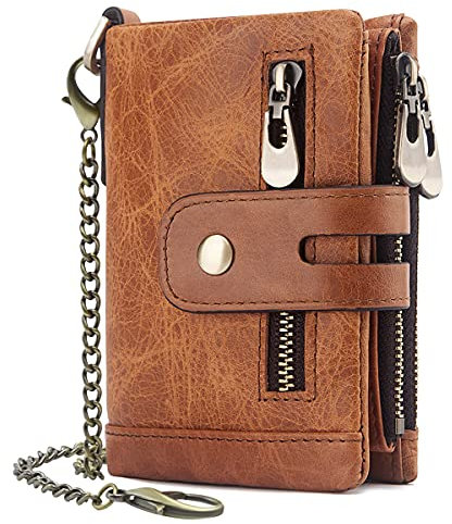 Herren Geldbörse RFID Schutz Männer Ledergeldbeutel mit Kette Doppelte Falte Herren Geldbeutel mit Münzfach Reißverschluss Portemonnaie 16 Kartenfächern Portmonee Brieftasche (Hell braun)