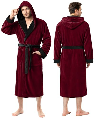 NY Threads Mens Hooded Fleece Robe - Plush Long Bathrobes, Burgundy With Black Contrast, S-M