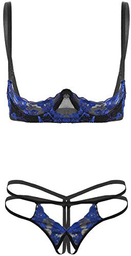 Nimiya Sexy Femme Lingerie de Nuit Sein Nu Erotique Combinaison Broderie Bra Lace Transparent String Ouvert Fesse Ficelles Soutien-Gorge Réglable Push Up Tenue Soirée Adulte Bleu Taille Unique