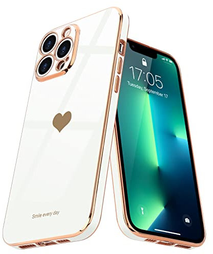 Teageo Kompatibel mit iPhone 13 Pro Max Hülle, Süße Herzförmig Mädchen Handyhülle Luxuriös Galvanisierte Weich TPU Kameraschutz Kratzfest Stoßfest Bumper Schutzhülle für iPhone 13 Pro Max, Weiß