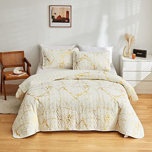 HAVOP Bedspread Double Size Beige Light Cream Quilted Bedspreads Gold Marble Printed Luxury Soft Microfiber Bedspreads Coverlet All Season Bed Throw Bed Spread Bedding Set