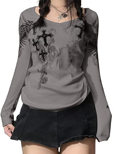 Women Y2K Long Sleeve Top Tee Sexy Gothic Cross Wings Print Patchwork V Neck Basic Slim Fit Blouse Tops Vintage Fairy Grunge Streewear (A, Small)