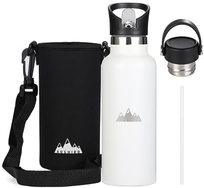 Kushiro Stainless Steel Water Bottle with Bag, Straw Lid, Reusable Vacuum Insulated Metal Drinks Flask, Thermal Insulated Bottle for Travel, Gym, Sports, Outdoors, Work, School - 500ml (White)