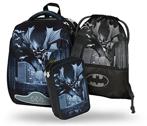 Baagl Schulranzen Jungen Set 3 Teilig, Shelly Hartschalen Schultasche ab 1. Klasse, Ergonomische Grundschule Ranzen mit Brustgurt (Batman Dark City)