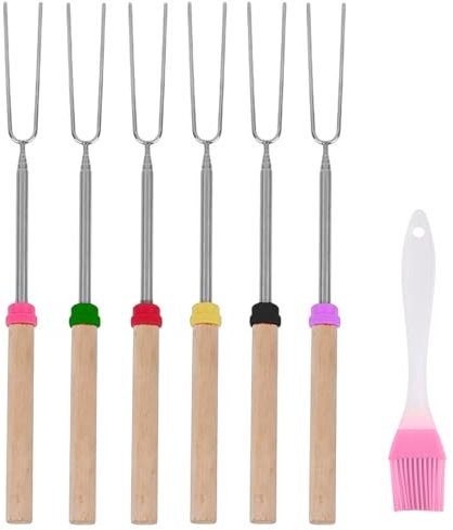 6 Grillgabeln, 1 Rosa ölbürste, Teleskop-Grillspieße, Edelstahlstangen, Grillstangen, Einziehbare Grillstäbe, Marshmallow-Grillstäbe, Geeignet Für Camping, Party, Garten