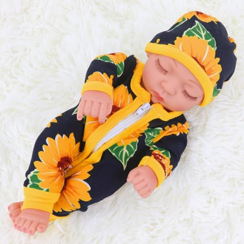 ZITA ELEMENT 10 Inch Newborn Reborn Baby Doll and Clothes Set Washable Realistic Silicone Baby Dolls with Cute Sunflower Jumpsuit - Best Gift for Kids Girls