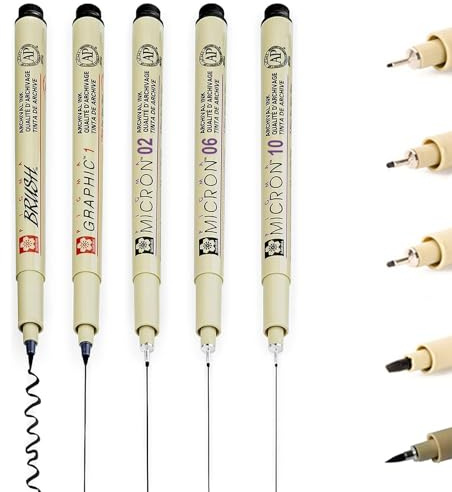 Stylos Fineliner Noirs,Stylo de Dessin Noir,Stylos à encre Fineliner,Feutres Dessin Noir,Stylos Noir à Pointe Fine,Professionnel Artist Pen,pour l’illustration,Manga,0.3mm/0.5mm/0.9mm/1mm/2mm,5 pièces