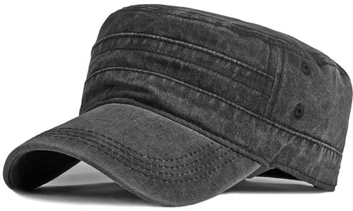 XYIYI Black Retro Washed Military Caps Cotton Cadet Army Caps Vintage Flat Top Cap