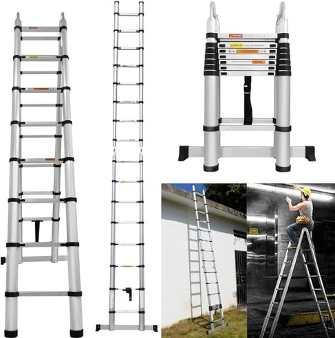 A-Frame Extendable Telescopic Loft Ladder, 2.5M+2.5M Multi-Purpose Aluminium Extension Ladder with Stabilizer Bar, Max Load 330lbs