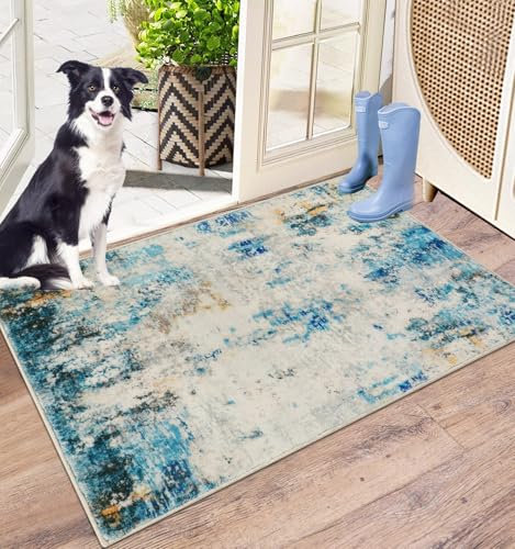 Capslpad Dirt Trapper Door Mat 50x80cm, Non-Slip Door Mat Indoor, Machine Washable Entrance Rug, Modern Abstract Soft Inside Floor Mat for Entryway, Front Back Door, Muddy Wet Shoes and Paws,Navy Blue
