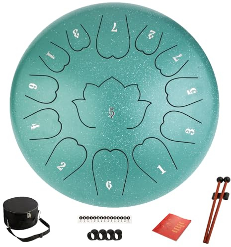 Steel Tongue Drum - 12-Inch 13-Notes Tongue Drum, C Major Outdoor Rain Drum with Music Book, Handpan Drums Mallets and Carry Bag (Green)