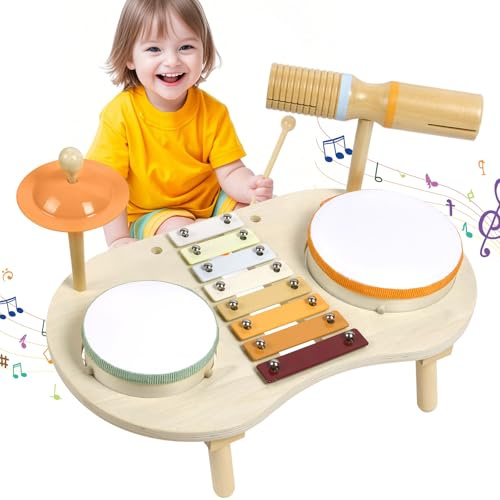 Vicloon Tambour Jouet Bebe, 7 en 1 Instruments de Musique en Bois pour Tout-Petits, Jouets De Batteries et Percussion Montessori avec Xylophone Tambours Cymbale etc, Éducatif Cadeau pour Enfant 3+