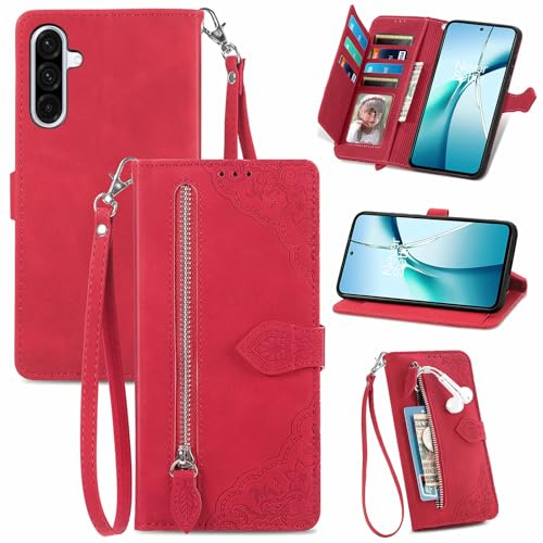 Fertuo Cover per Samsung Galaxy A37 / A56 5G, Custodia a Libro in Pelle PU Flip Case con Porta Carte, Chiusura Magnetica e Cinturino [Disegni di Fiori] Portafoglio Antiurto, Rosso