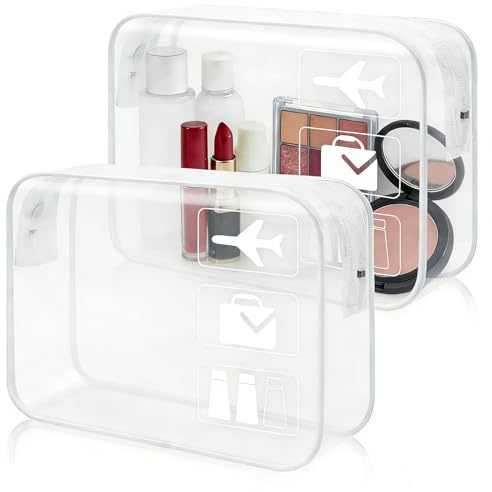 Clear Travel Toiletries Bag 2 Pack TSA Approved Airport Security Liquid Bag | Waterproof Travel Toiletry Bag for Women Men, Transparent Carry On Make Up Bag With Zipper, Travel Essentials (White)