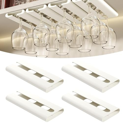 Mxdzshy 4 Pièces Support à Verre à Vin Suspendu Porteverre Pied sous Armoire SupportVerre a Pied Sans Perçage Porte-Verres àPied Suspendu Accroche Verre aVin pour Bar Restaurant (Blanc)