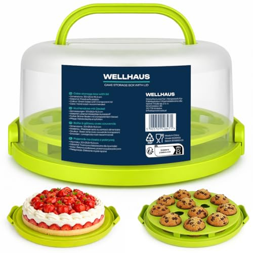 WELLHAUS Cake Transport Box with Lid - Cake Transport Box for Cakes Sheet Cakes Muffins & Cupcakes, Cake Container with Plastic Cover Suitable (Green, Round, 30 x 15.3 cm)