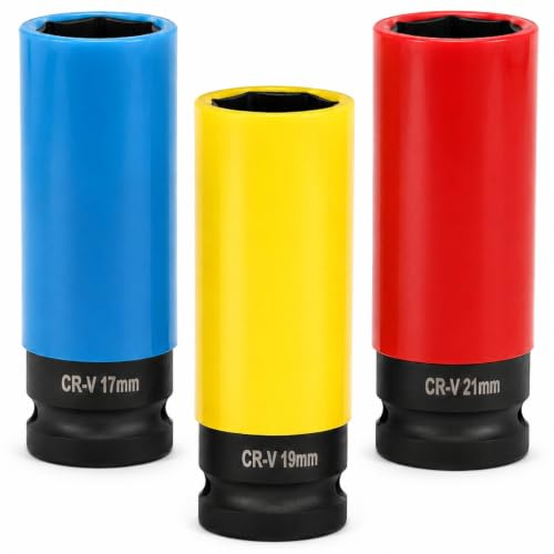 Slagskruvdragare 1/2 tum set, 3 stycken krom-vanadin-legeringsstål hylsnyckelsats för hjulbyte, 17 mm, 19 mm, 21 mm lanjoy plug-in-set för aluminiumfälgar däckbyte