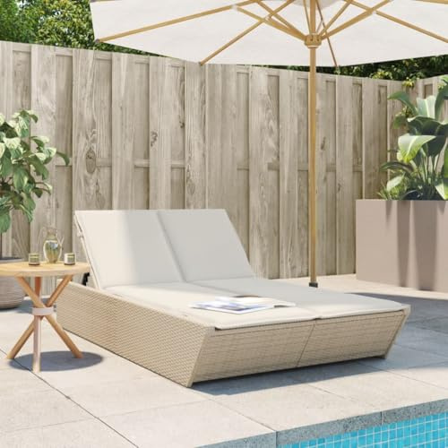 Nusvialune Dubbel solstol med kuddar beige poly rotting trädgårdsstol justerbar för avkoppling balkong terrass pool strand camping lounge