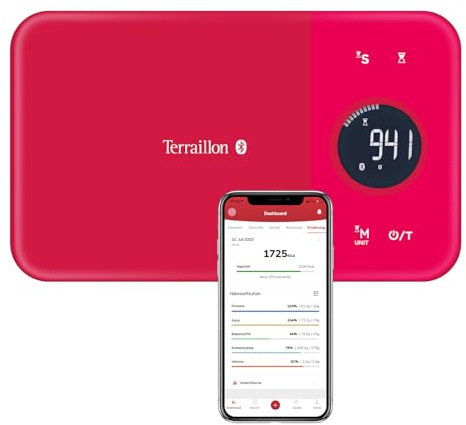 TERRAILLON - NUTRITAB - Blance de cuisine connecté Bluetooth, Application MyHealth, Plateau verre, Capacité 5 kg, Graduation 1 g, Scan des code-barres, analyse de l'apport nutritionnel, Rouge