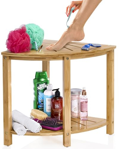 Sorbus Bamboo Shower Stool - Corner Bath Bench - Waterproof Wood Chair for Inside Shower - Bathtub Seat with Shelf for Shaving Legs - Small Corner Step Stool Foot Rest for Bathroom Bamboo Side Table